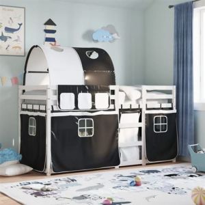 VidaXL Lit superpos&eacute; avec rideaux blanc/noir 90x190 cm bois pin massif, lit, cadre de lit, lit superpos&eacute; bas, meuble de chambre &agrave; coucher