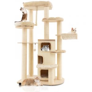 Helloshop26 - Arbre à chat 173 cm 3 condos 2 perchoirs hamac tour à chat griffoir poteaux sisal boule à ressort beige