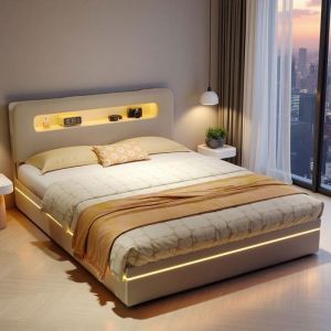 Lit Coffre Double 140x200 - T&ecirc;te de Lit Velours Beige - Rangement Hydraulique - LED RGB - Design Moderne