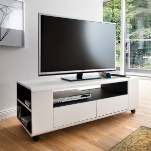 M&S Meuble tv 2 tiroirs à roulettes 119x43x46 cm blanc mat et anthracite