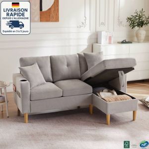 MODFU - Canap&eacute; 3 places avec 2 coussins, canap&eacute; de rangement pour salon et chambre, coton et lin, 175&times;129&times;90cm, beige