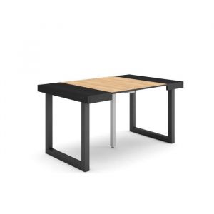 Table console extensible, Console meuble, 140, Pour 6 personnes, Pieds bois massif, Style moderne, Noir et chêne - Skraut Home