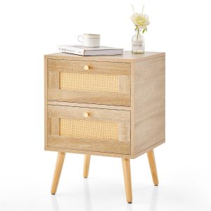 Table de nuit en rotin avec 2 tiroirs - Mid-Century Modern - Pieds en bois massif - 40 x 35 x 50 cm