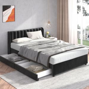 Lit avec tiroirs Lit adulte double capitonné 140 x 200 cm avec 2 tiroirs, en velours, noir