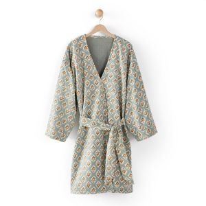 Image de Peignoir de bain kimono femme, Cilou Imprimé Fond Vert Taille 34/36;38/40;42/44;46/48