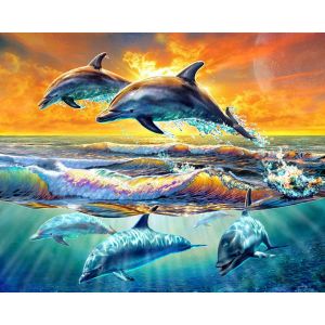 Figured'Art Peinture par Num&eacute;ro Adulte Aube de Dauphins - Activit&eacute; Manuelle Kit de Loisir Cr&eacute;atif DIY Num&eacute;ro d'Art Complet - 40x50cm sans ch&acirc;ssis en bois