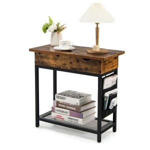 Table d'appoint Coast avec station de recharge et compartiment int&eacute;rieur - 60 x 30 x 58,5 cm - Rustic Brown + Black
