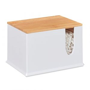 Relaxdays Distributeur Coton-tiges, Acrylique, Bambou, Grande boîte, Rangement, Salle de Bain, Blanc/Nature