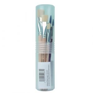 Lineo 609-Set 11 pi&egrave;ces, 5 plats 518 ronds de la s&eacute;rie 586, pinceaux &agrave; poils naturels et manche en bois, &eacute;tui plastique inclus, Wood, Brown, Silver, flat 4, 8, 12, 16, 20 round 2, 4, 6, 8, 10, 12