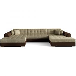 Image de Loungitude Canapé d'angle panoramique 5 places en simili et tissu marron/beige