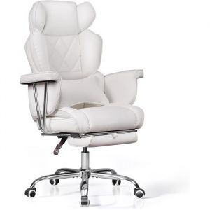 Devaise - Fauteuil direction ergonomique blanc - Cuir recyclé, dossier inclinable 90°-145°, repose-pieds, 180kg max - Bureau/Gaming