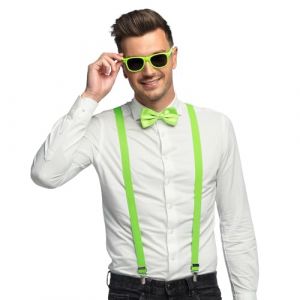 Boland Costume set 3-pièces, Set d'accessoires avec bretelles, lunettes et noeud papillon, pour festival, JGA, carnaval et fête à thème, Vert Fluo