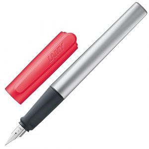 Lamy Nexx 0D5 Stylo plume léger et stable en aluminium avec capuchon rouge fluo avec poignée antidérapante et plume en acier inoxydable de calibre M, idéal pour les débutants en écriture, l'école ou