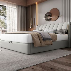 Lit adulte coffre - JAERLIUB - 140x200 cm - Éclairage LED - Tête de lit réglable - 2 places