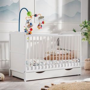 Lit d'Enfant Avec Tiroir Aurora, Blanc Mat, Matelas en Mousse Aloe Vera Hypoallergénique, Hauteur Réglable, Convertible en Lit Junior, Longueur 124