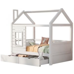 Lit cabane - Non spécifié - 80x160cm - Bois massif - 2 tiroirs - Blanc