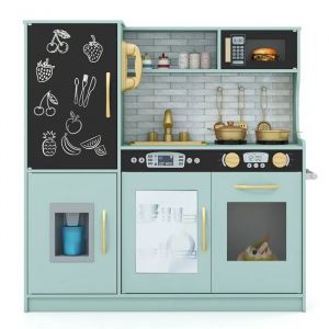 Cuisine Enfants COSTWAY 3 - 6 Ans en Bois avec T&eacute;l&eacute;phone, Tableau Noir, Micro-ondes, Machine de Gla&ccedil;ons, 7 Accessoires Vert