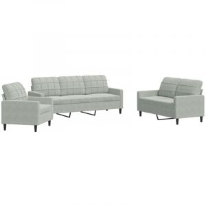 VidaXL Ensemble de canapés 3 pcs avec coussins Gris clair Velours, canapé, siège de canapé, canapé relax, canapé confort, chaise de télévision