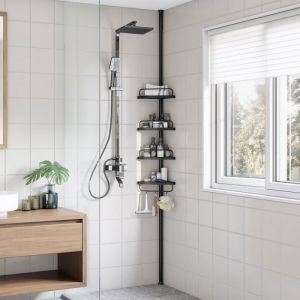 Songmics Étagère de douche 4 niveaux réglables en acier noir