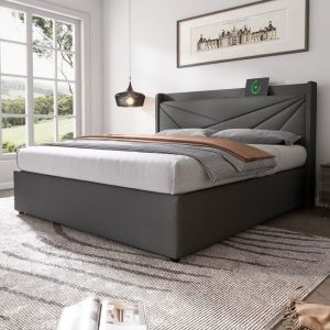 Wishdor - Lit coffre Lit adulte double 160 x 200 cm. chargement usb type c. en Lin. Gris. Sans Matelas