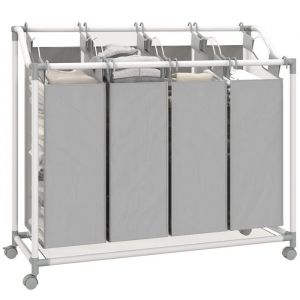 Homcom Panier &agrave; linge mobile, chariot linge sale, corbeille &agrave; roulettes avec 4 sacs amovibles, 4 x 40L, pour buanderie, chambre, salle de bain, gris