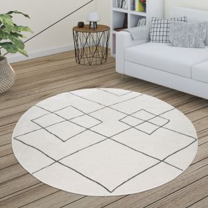 Image de Paco Home - Tapis Salon Scandinave Motif Diamant Moderne Blanc Différents Designs Tailles Blanc, 120 cm rond