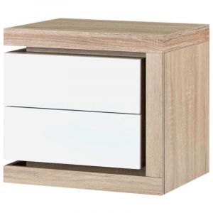 Table de chevet côté droit avec 2 tiroirs - Avec LEDs - Blanc laqué et naturel - FLARANCIA