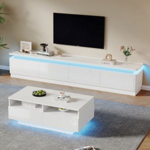 Ensemble de salon 2 pièces - Meuble TV + table basse - Avec LED - Avec 8 tiroirs - Finition brillante - Blanc