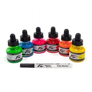 Daler Rowney Encres Acrylique - 6 Flacons 29,5ml + 1 Marqueur - Couleurs Fluos