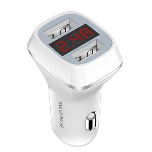 Chargeur Voiture avec 2 ports USB-A et &Eacute;cran LCD Charge Rapide Borofone Blanc