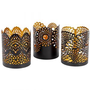 Gadgy Porte-lampions rond - Lot de 3 Porte-lampions Décoration Salon - Lumière d'ambiance à l'intérieur - Porte-bougies pour bougies 8.5x10.5 cm - Lampe à vent en métal - Noir/Or - Cadeau pour Femme - Motif Dentelle
