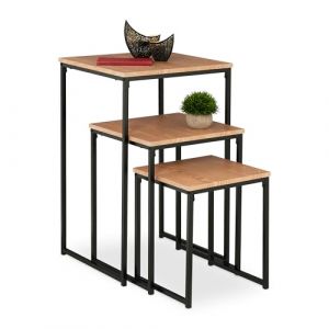 Relaxdays Lot de 3 Tables d&rsquo;appoint, empilables, 3 Tailles, carr&eacute;es, m&eacute;tal, pour Le salon, d&eacute;co, Nature - Noir