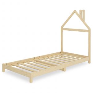 Lit enfant LIZ tête de lit en forme de maison, Lit au sol Montessori, Pour couchage 90 x 200 cm bois de pin massif, Coloris naturel