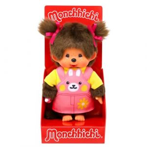 Sekiguchi 203888 - Monchhichi Original Fille avec Robe Salopette et Visage de Lapin, Peluche d'environ 20 cm en Peluche Marron