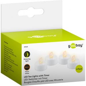 Goobay 49868 CR2032 Lot de 4 bougies chauffe-plat LED avec fonction minuteur Blanc chaud 3,8 cm/3,7 cm de haut Piles incluses Blanc