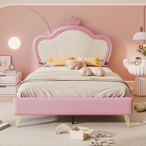 Lit simple enfant 90x200cm - lit fille avec sommier à lattes et tête de lit avec couronne - pieds en métal - pu, ​​rose + blanc