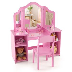 Coast 2-in-1 Table de maquillage pour enfants avec chaise et miroir amovible, table de coiffure pour filles avec compartiments, design princesse, rose, 107&times;40&times;117 cm