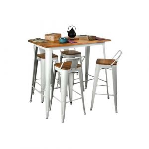 Aubry Gaspard Ensemble table haute et tabourets métal industriel blanc