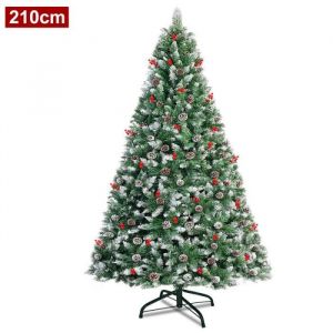 YUENFONG Sapin de Noël Artificiel avec neige et Pommes de pin 210 cm, PVC Arbre de Noël avec support pour Décoration de Noël