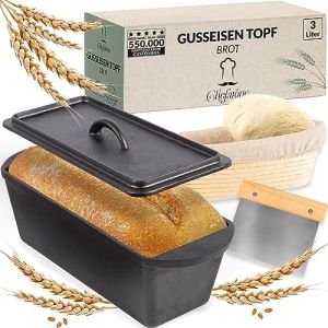 Chefarone Gietijzeren Broodvorm – Broodbakvorm – Bakvorm - Cakevorm Rechthoek - Ambacht Brood Bakken uit eigen Oven– Inclusief Deksel, Spatel en Rijsmand - 35 x 13,5 x 12,5 cm