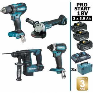 Image de Makita Pack pro start bl Motor 18V 4 machines 3 batt 3Ah Perceuse DDF485 + Visseuse DTD153 + Meuleuse DGA504 + DHR171 Makpac