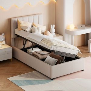 Lit coffre enfant - Lit de rangement hydraulique classique - 90x200 cm - Tissu lin beige - Sommier inclus
