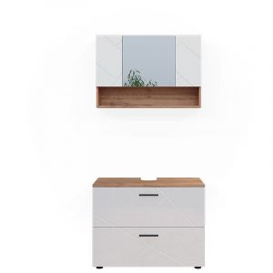 Ensemble de meubles de salle de bain Irma, Blanc brillant/Chêne doré, 2 pièces, armoire basse 80 cm Vicco