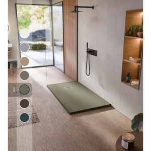 BELLOBATH - Receveur de douche en r&eacute;sine antid&eacute;rapante - Texture ardoise lisse - Avec la bonde et la grille comprises - Kaki - 70 X 170 cm