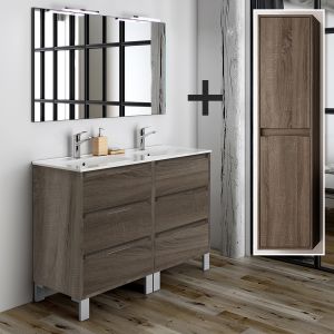 Cosyneo - Ensemble meuble de salle de bain 120cm double vasque + colonne de rangement - Britannia (chêne foncé) - tiris