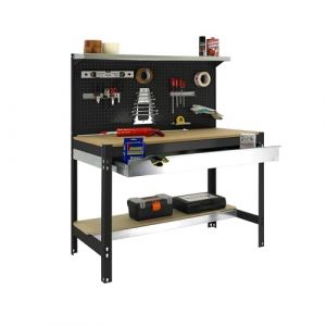 Simon Rack SimonRack Etabli d’Atelier, Capacité de Charge 400 kg, 1445x910x610 mm, Panneau Perforé avec 1 Étagère, Étagère Tiroir de Rangement, Table de Travail Bricolage, Anthracite/Bois - BT3