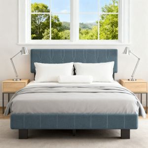 Cadre de lit double rembourr&eacute;, 140 x 200 cm, Avec t&ecirc;te de lit rembourr&eacute;e et sommier &agrave; lattes, hauteur 26.5 cm, Gris bleu