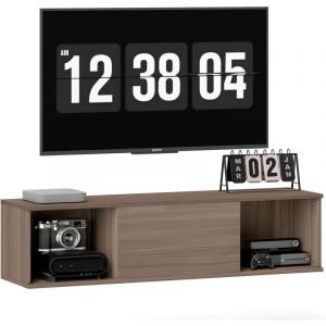 Homcom Meuble TV Suspendu 120 cm Armoire Murale, Meuble de Rangement Suspendu Style Moderne avec 2 Compartiments Ouverts et Porte Rabattable, Marron