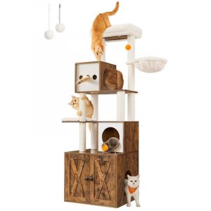 Arbre à chat moderne avec cache-litière tour de jeu griffoir avec maison de toilette 185 cm niche plateforme tapis lavables grège