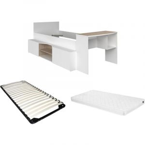 Lit combin&eacute; 90 x 190/200 cm avec bureau et rangements - Blanc et naturel + Sommier + Matelas - JOCHIANE